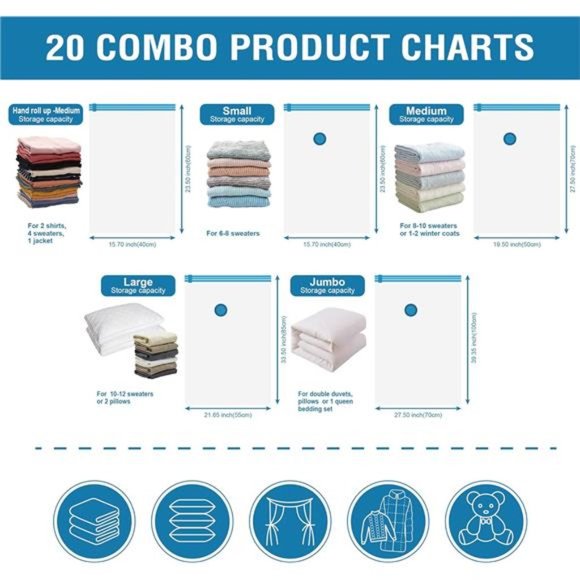 20 Pack Vacuum Storage Bags, Space Saver Bags (4 Jumbo/4 Large/4 Medium/4 Small) - Picture 5 of 6